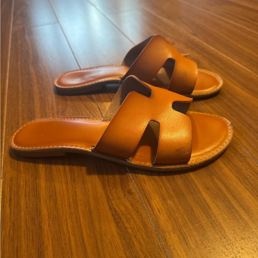 Tan Leather Slide Sandals - Picture 2 of 6